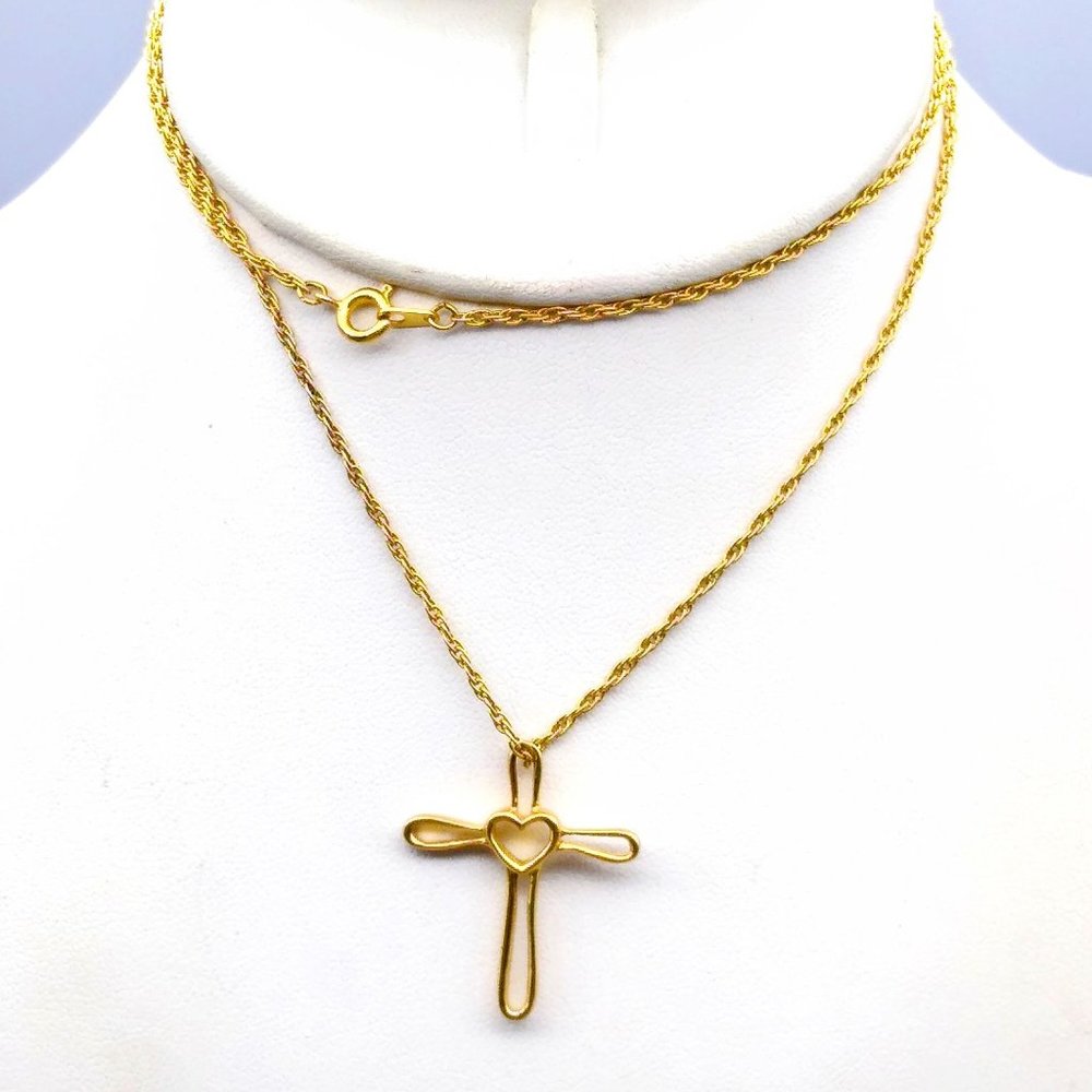 Vintage Open Heart Cross Pendant Necklace, Gold Tone with Sleek Design on Chain